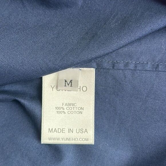 YUNE HO Cotton Navy Blue Peplum Top Relaxed Fit Blouse Drawstring Neck M - Picture 15 of 15